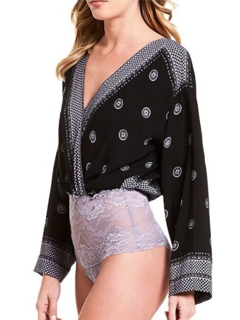 Free People Black Purple On Board Long Sleeve Bodysuit, Size M